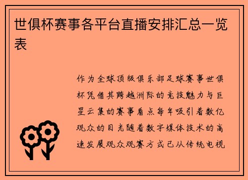 世俱杯赛事各平台直播安排汇总一览表